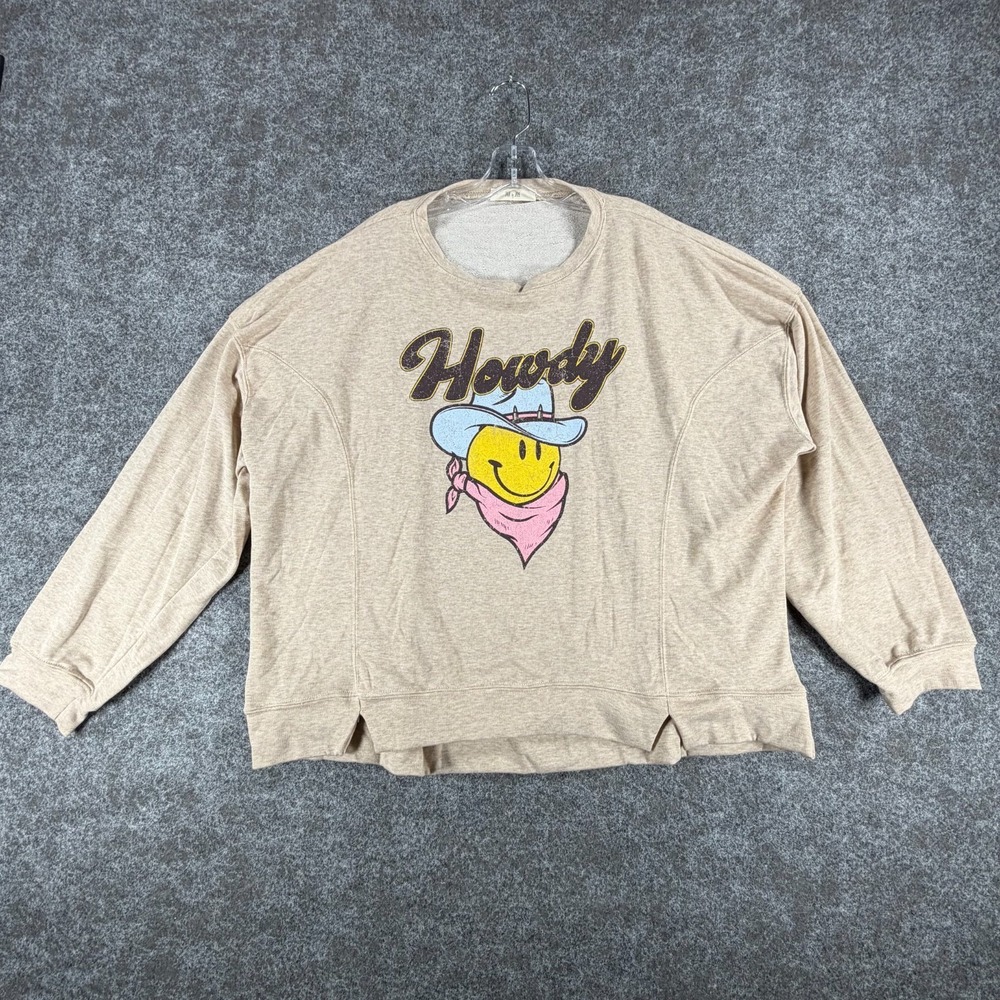 Jade By Jane Sweatshirt Women 2XL Beige Cotton Striped Howdy Cowboy French Terry